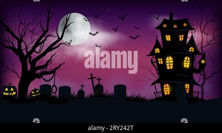 Bannière d'halloween heureuse ou fond d'invitation de partie avec des arbres de ciel violets effrayants et château sombre Illustration de Vecteur