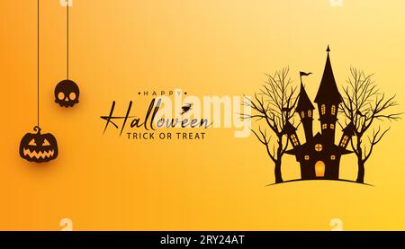Fond de bannière d'Halloween avec des éléments d'halloween suspendus et maison d'Halloween avec des arbres morts Illustration de Vecteur