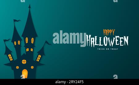 Bonne illustration de bannière halloween avec maison hantée halloween et texte halloween Illustration de Vecteur