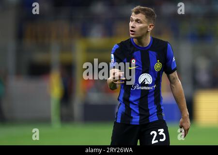 Nicolo Barella de FC Internazionale gestes lors du match de football Serie A entre FC Internazionale et nous Sassuolo au Stadio Giuseppe Meazza le 27 2023 septembre à Milan Italie . Banque D'Images