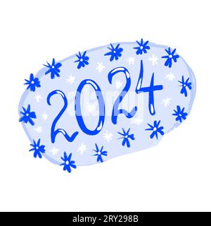 Illustration dessinée à la main avec autocollant bleu ovale 2024, impression du nouvel an de célébration d'hiver. Texte dessin à la main chiffres arrière-plan, bannière avec flocons de neige doodle style de dessin animé, icône de lettrage Banque D'Images