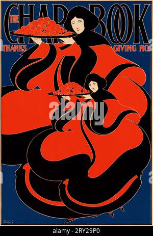 Le CHAP-Book, numéro de Thanksgiving, affiche publicitaire, 1895 le CHAP-Book numéro de Thanksgiving. Affiche Art nouveau pour le magazine littéraire The CHAP-Book de Will H Bradley montrant deux femmes tenant des plateaux de nourriture, 1895. Banque D'Images