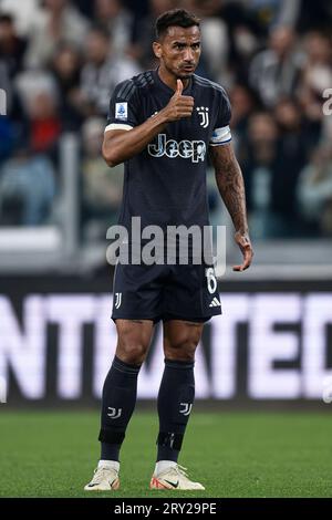 Danilo Luiz da Silva de la Juventus FC fait des gestes lors du match de football Serie A entre la Juventus FC et l’US Lecce. Banque D'Images