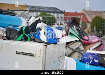 La ville de Zdar nad Sazavou avait apporté sur la place de la République pendant une semaine les ordures qu’elle avait ramassées autour de la ville à l’extérieur des bacs de collecte pendant moins d’un mois, le 1 septembre 2023. Le nettoyage de la ville coûte plus de 400 000 CZK par an. (CTK photo/Lubos Pavlicek) Banque D'Images