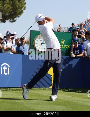 Rome, Italie. 28 septembre 2023. L'américain Jordan Spieth pilote le 16e tee de la Ryder Cup 2023 au Marco Simone Golf Club, Rome, Italie, le 28 septembre 2023. Crédit : UPI/Alamy Live News Banque D'Images