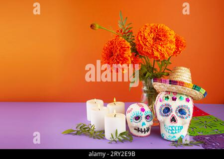 Jour des morts. Dia de Los Muertos arrière-plan de célébration. Sugar Skull, Marigolds ou fleurs de cempasuchil. Banque D'Images