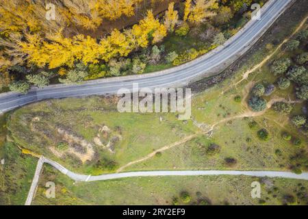 Vue de dessus drone de la route sinueuse asphaltée située près des arbres d'automne dans la banlieue de Ségovie, Avila, Espagne Banque D'Images