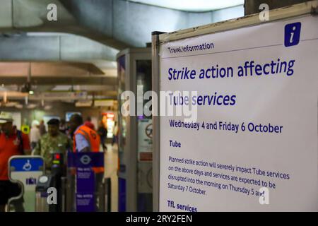 Londres, Royaume-Uni. 28 septembre 2023. Des milliers de travailleurs du métro londonien et de conducteurs de train sur les réseaux ferroviaires sont prêts à faire grève en septembre et octobre. Crédit : Sinai Noor/Alamy Live News Banque D'Images