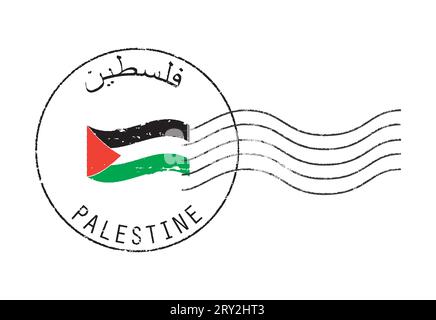 Timbre grunge postal 'Palestine'. Inscription en anglais et en arabe. Agitant le drapeau au milieu. Illustration de Vecteur