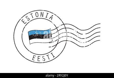 Timbre grunge postal 'Estonie'. Drapeau agité au milieu. Inscription anglaise et estonienne. Illustration de Vecteur