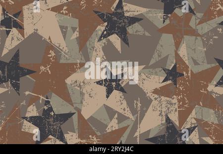 Motif sans couture grunge avec cinq étoiles pointues. Combinaison de couleurs de camouflage militaire - kaki, noir, deux nuances de brun et de vert. Illustration de Vecteur