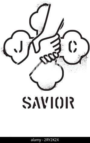 Citation ''J.C. (Jésus Christ) Sauveur''. La main de Dieu sauve l'homme. Fond croisé. Pochoir graffiti en spray urbain. Illustration de Vecteur