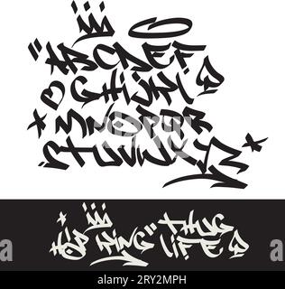 Marqueur graffiti marquage police et signes (couronne, coeur, étoiles, flèche, point, guillemet, bêche). ''Hip-hop king-thug Life'' citation sur fond noir Illustration de Vecteur