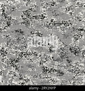Camouflage urbain numérique. Motif sans couture incorporant de minuscules pixels de noir, blanc et gris foncé sur un fond gris clair. Illustration de Vecteur