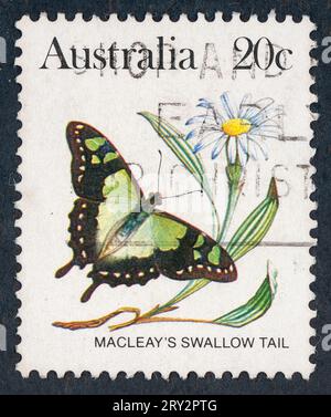 Queue d'aronde de Macleay (Graphium macleayanus). Série de papillons australiens. Timbre-poste émis en Australie en 1983. Banque D'Images