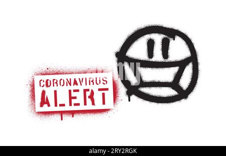 Spray graffiti émoticône portant masque chirurgical et inscription au pochoir ALERTE CORONAVIRUS. Un message d'avertissement contre la propagation des maladies. Illustration de Vecteur