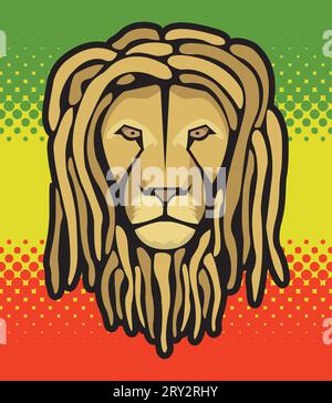 Tête de lion avec des dreadlocks et fond de drapeau reggae en demi-teinte... pour t-shirts, affiches... Illustration de Vecteur