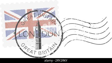 Symboles de timbre postal 'Londres - Grande Bretagne' avec la tour 'Big Ben' et Union Jack - drapeau britannique (gravé, effet gravure sur bois). Illustration de Vecteur