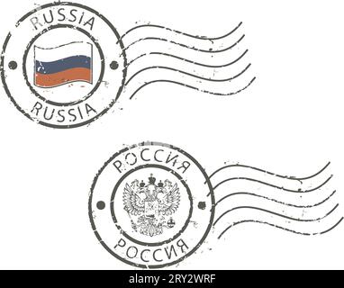 Deux timbres grunge postaux 'Russie' avec le drapeau et l'aigle à deux têtes. Inscription latine et cyrillique. Illustration de Vecteur