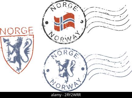 Trois timbres grunge postaux 'Norvège'. Inscription anglaise et norvégienne. Illustration de Vecteur