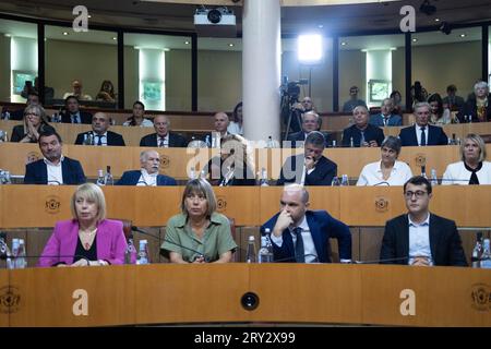 Ajaccio, France. 28 septembre 2023. Session à l'Assemblée Corse, dans le cadre de la visite de trois jours de Macron en Corse du Sud le 28 septembre 2023 à Ajaccio. Photo de Raphael Lafargue/ABACAPRESS.COM crédit : Abaca Press/Alamy Live News Banque D'Images