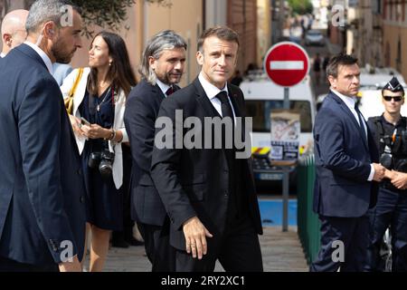Ajaccio, France. 28 septembre 2023. Le président français Emmanuel Macron lors d’un voyage de trois jours en Corse à Ajaccio le 28 septembre 2023. Photo de Raphael Lafargue/ABACAPRESS.COM crédit : Abaca Press/Alamy Live News Banque D'Images