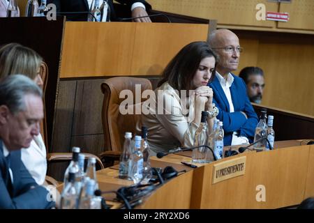 Ajaccio, France. 28 septembre 2023. Séance à l'assemblée Corse d'Ajaccio, dans le cadre d'une visite de trois jours en Corse du Sud le 28 septembre 2023. Photo de Raphael Lafargue/ABACAPRESS.COM crédit : Abaca Press/Alamy Live News Banque D'Images