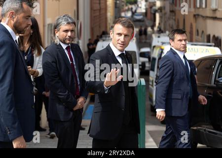 Ajaccio, France. 28 septembre 2023. Le président français Emmanuel Macron lors d’un voyage de trois jours en Corse à Ajaccio le 28 septembre 2023. Photo de Raphael Lafargue/ABACAPRESS.COM crédit : Abaca Press/Alamy Live News Banque D'Images
