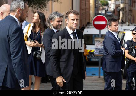 Ajaccio, France. 28 septembre 2023. Le président français Emmanuel Macron lors d’un voyage de trois jours en Corse à Ajaccio le 28 septembre 2023. Photo de Raphael Lafargue/ABACAPRESS.COM crédit : Abaca Press/Alamy Live News Banque D'Images