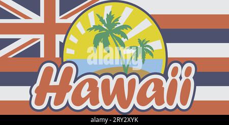 Emblème hawaïen (soleil, mer, sable, palmiers) et drapeau Illustration de Vecteur