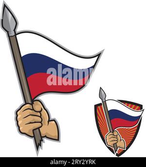 Illustration d'une main tenant une lance avec un drapeau russe agitant. Fond blanc. Concept patriotique. Illustration de Vecteur