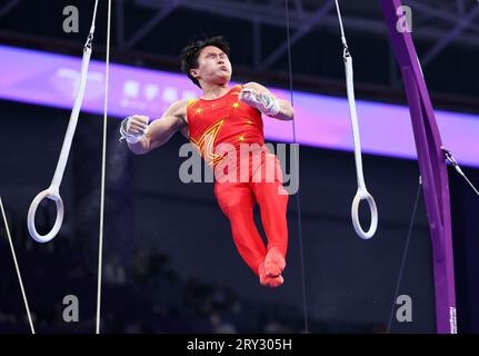 Pékin, province chinoise du Zhejiang. 28 septembre 2023. LAN Xingyu de Chine participe à la finale de gymnastique artistique des anneaux masculins aux 19e Jeux asiatiques à Hangzhou, dans la province du Zhejiang, dans l'est de la Chine, le 28 septembre 2023. Crédit : LAN Hongguang/Xinhua/Alamy Live News Banque D'Images