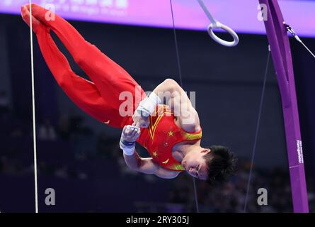 Pékin, province chinoise du Zhejiang. 28 septembre 2023. LAN Xingyu de Chine participe à la finale de gymnastique artistique des anneaux masculins aux 19e Jeux asiatiques à Hangzhou, dans la province du Zhejiang, dans l'est de la Chine, le 28 septembre 2023. Crédit : LAN Hongguang/Xinhua/Alamy Live News Banque D'Images