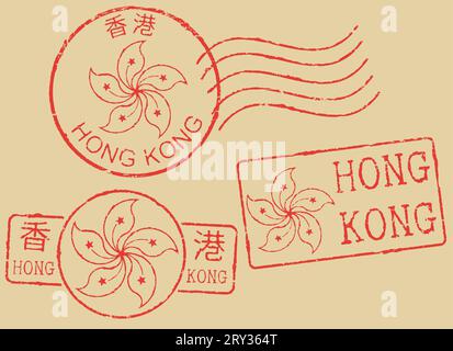 Série de timbres postaux rouges ''HONG KONG''. Fond beige. Inscription anglaise et chinoise. Fleur d'orchidée à cinq pétales. Illustration de Vecteur