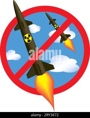 Lancement de roquettes nucléaires dans le panneau STOP. Fond de ciel.Illustration vectorielle Illustration de Vecteur