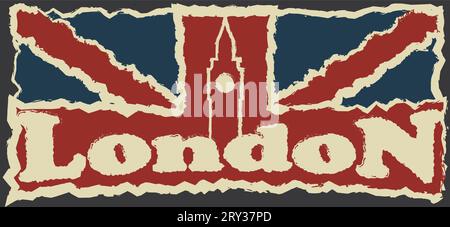 Silhouette de Big Ben et inscription de Londres sur le drapeau britannique Illustration de Vecteur