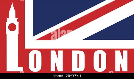 Silhouette de Big Ben et inscription londonienne sur la partie du drapeau britannique Illustration de Vecteur