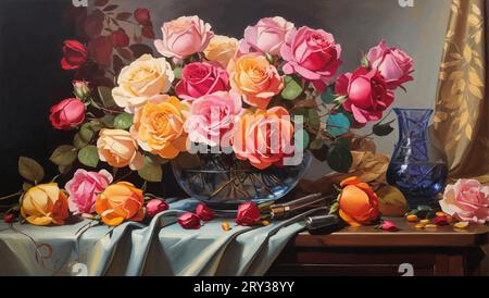 Un chef-d'œuvre artistique intitulé « Still Life with Blooms » dépeint l'essence de la vie à travers un arrangement exquis de roses vibrantes. Illustration de Vecteur