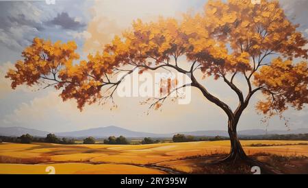 Golden Fields, est une pièce fascinante qui célèbre la majesté et la tranquillité du monde naturel. Peinture de paysage numérique. Illustration de Vecteur