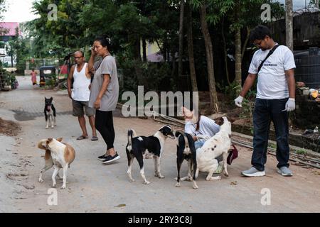 Des bénévoles de la PET Love Foundation administrent le vaccin anti-rage (ARV) aux chiens de rue lors d'une campagne spéciale à l'occasion de la Journée mondiale de la rage, le 28 septembre 2023 à Guwahati, Assam, Inde. La rage est un virus dangereux qui provoque une inflammation du cerveau. Les animaux peuvent transmettre la rage aux humains par morsures et égratignures. Crédit : David Talukdar/Alamy Live News Banque D'Images