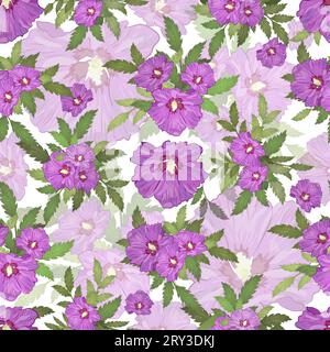 Fleurs violettes d'hibiscus avec des feuilles sans couture Illustration de Vecteur