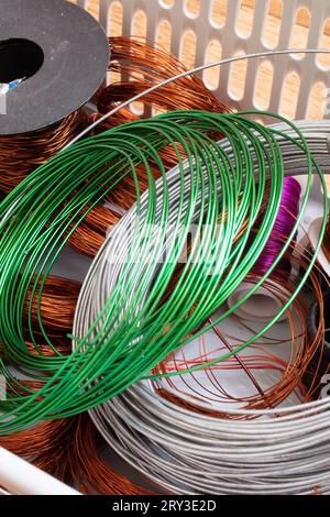 Les bobines de fil de cuivre dans un panier en plastique se rapprochent Banque D'Images