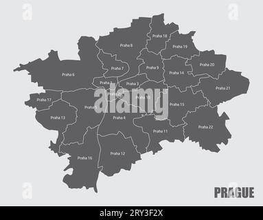 Carte administrative de Prague isolée sur fond gris, République tchèque Illustration de Vecteur