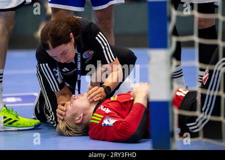 Gummersbach, Deutschland. 28 septembre 2023. Bertram Obling (HC Erlangen, 16) LIQUI MOLY Handball Bundesliga : VFL Gummersbach - HC Erlangen ; Schwalbe Arena, Gummersbach, 28.09.2023 crédit : dpa/Alamy Live News Banque D'Images