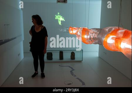 À l'intérieur de l'installation du tube de lave au musée la Casa de los Volcanes (Maison des volcans). Jameos del Agua, série de grottes de lave et un art, la culture et Banque D'Images