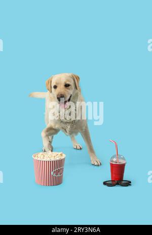 Chien Labrador mignon avec seau de pop-corn, tasse de soda et lunettes de cinéma 3D sur fond bleu Banque D'Images
