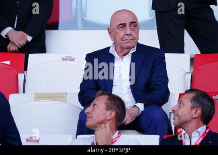 Monza, Italie. 28/09/2023, Adriano Galliani (AC Monza) lors du championnat italien Serie A match de football entre AC Monza et Bologna FC le 28 septembre 2023 au U-Power Stadium de Monza, Italie. Crédit : Luca Rossini/E-Mage/Alamy Live News Banque D'Images