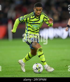 27 septembre 2023 - Brentford - EFL Cup - Gtech Community Stadium Reiss Nelson d'Arsenal lors du match contre Brentford. Photo : Mark pain / Alamy Live News Banque D'Images