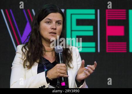 Torino, Italie. 28 septembre 2023. Natalia Misciattelli, PDG d’AAvantgarde Bio, sur la scène de la semaine italienne de la technologie 2023. Crédit : Marco Destefanis/Alamy Live News Banque D'Images