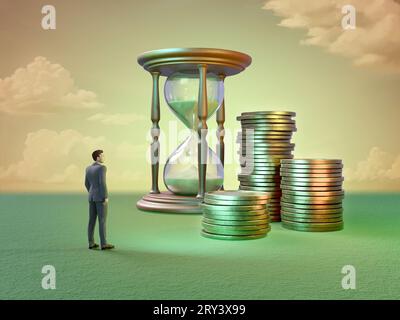 Homme regardant une pile de pièces et un sablier. Illustration numérique, rendu 3D. Banque D'Images